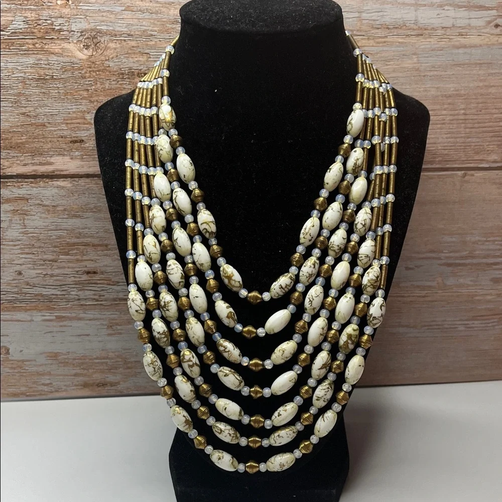 Original By Robert Vintage Brass & Art Glass Beaded Multi Strand Necklace - Picture 2 of 10